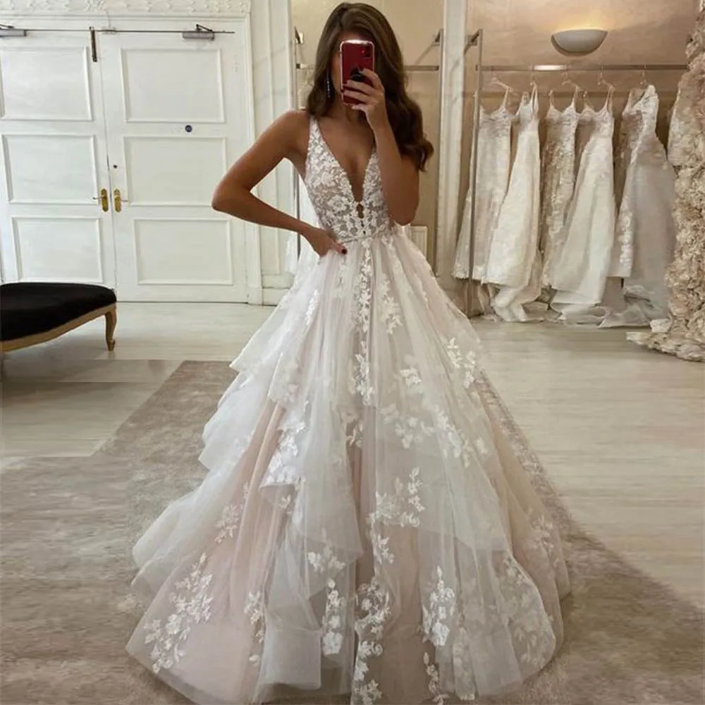 

Wedding Dress A Line Deep V Neck Sleeveless Delicate Applique Wedding Gowns Ruffle Floor Length Princess Lace Bridal Dresses