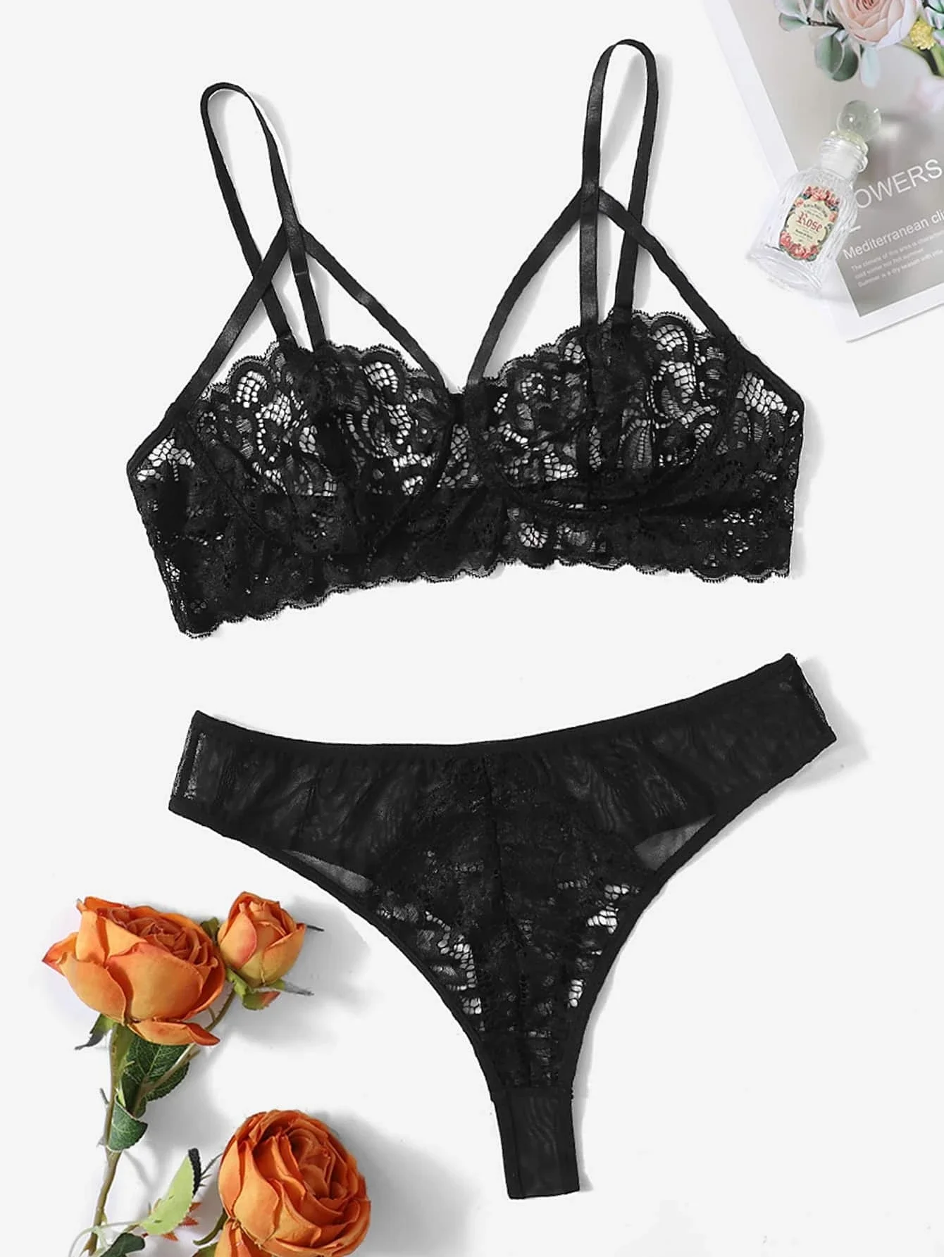 

Floral Lace Underwire Thong Lingerie Set