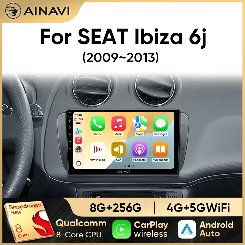 Фото Автомобильное радио Ainavi для SEAT Ibiza 6j 2009 2010 2011 2012 2013, мультимедийный плеер, Android 13, беспроводной Carplay, DSP, стерео, 2 Din №1