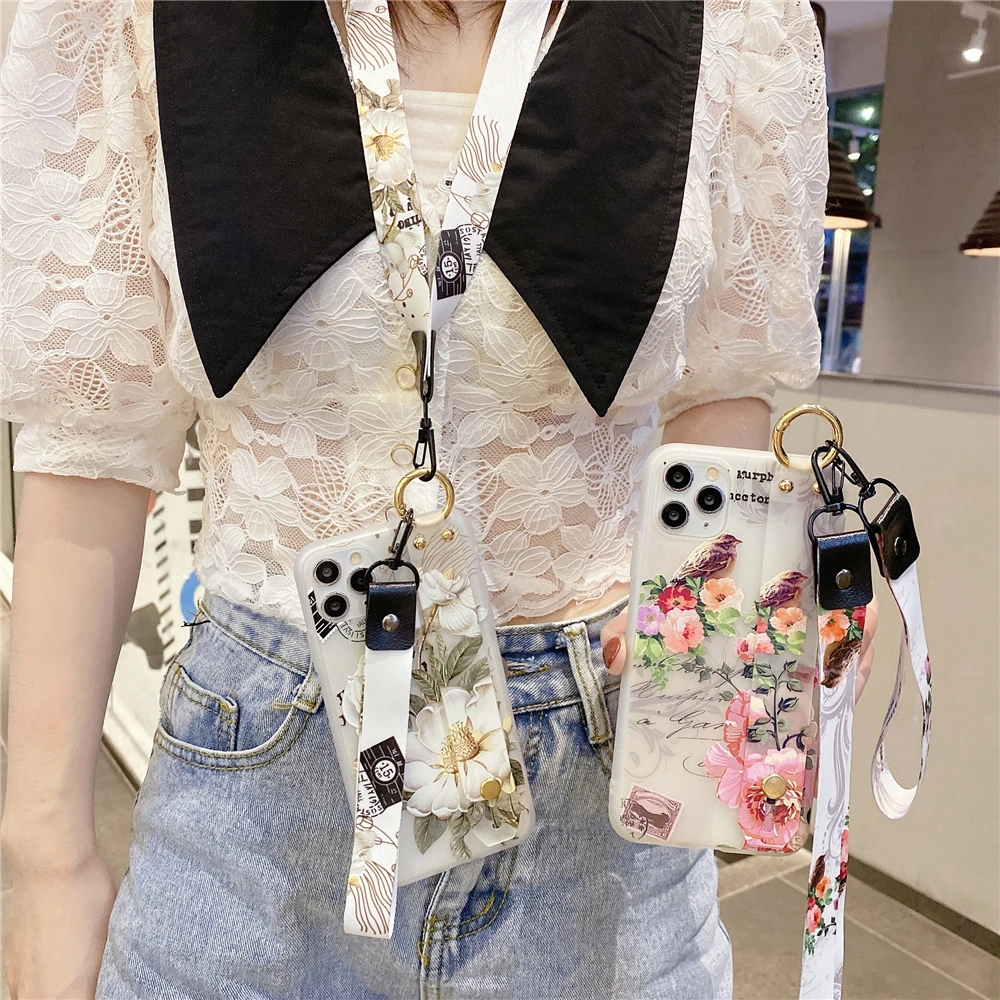

3D Flower Case For iPhone 14 11 12 13 Pro Max X XR XS Max 7 8 Plus SE 2020 Soft Silicone Phone Cover With Wrist Strap Lanyard