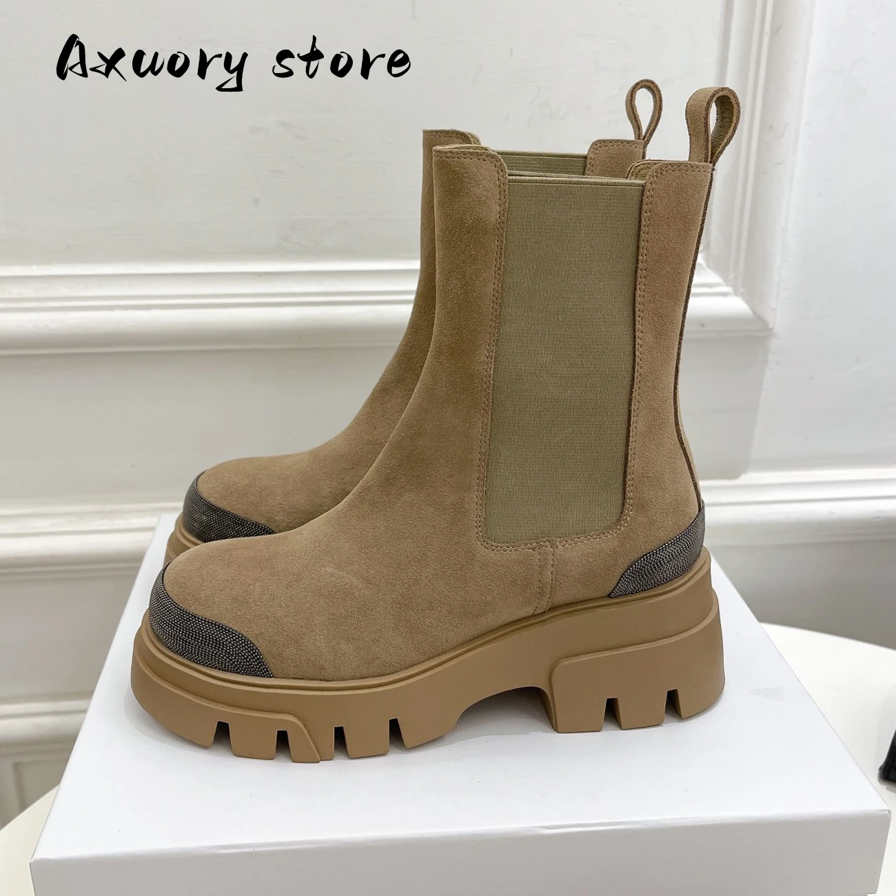2023 New Motorcycle Boots Women Chain Decoration Round Toe Chelsea Boots Woman Flat Platform Shoes Casual