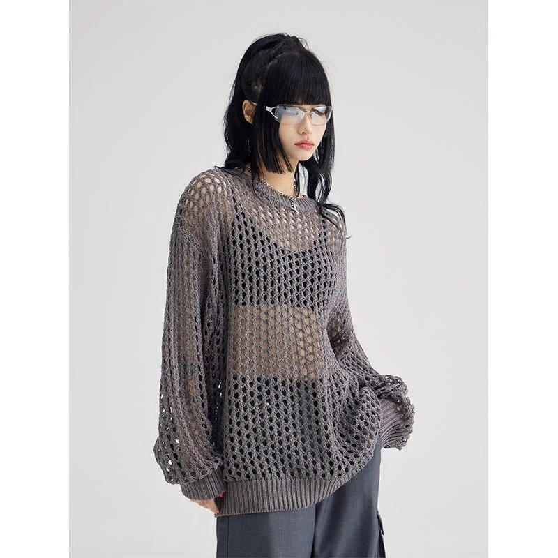 

Gothic Hollowed Out Knitted Pullover Sweater Top Perspective Oversized Smock Long-sleeved T-shirt Folded Wear Loose Top ZMZBCH