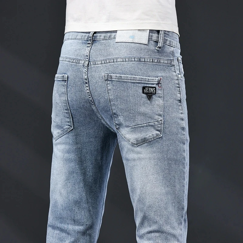 

Оригинальные Весенние Новые эластичные модные повседневные облегающие джинсовые брюки 2023, синие брюки, Мужская брендовая одежда 27-36