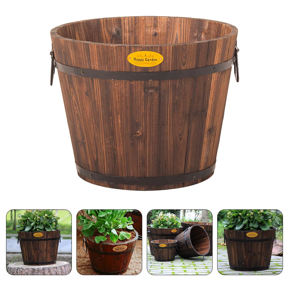 

Wooden Flower Bucket Planting Pots Gardening Creative Rustic Planter Succulent Decor Household Vase Large