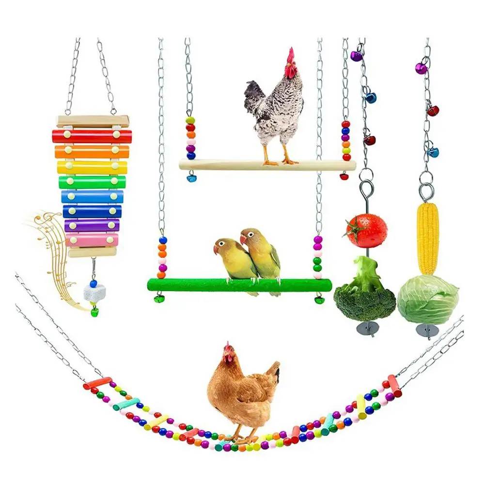 

Pet Parrot Toys Natural Wooden Chew Chicken Swing Ladder Vegetable Fruit Hanging Feeder Toy With Hooks for Bird Accessories
