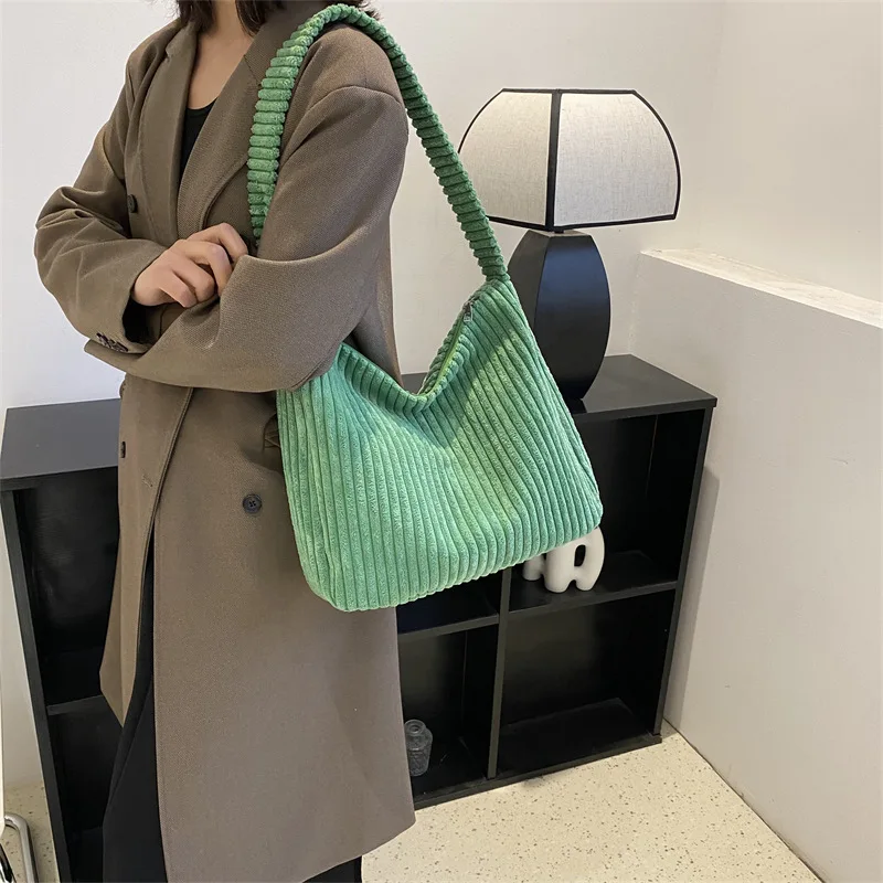 

Corduroy Women Shoulder Bag Vintage High Capacity Totes Fashion Solid Color Underarm Bag Casual Zipper Handbag Shopping Bags