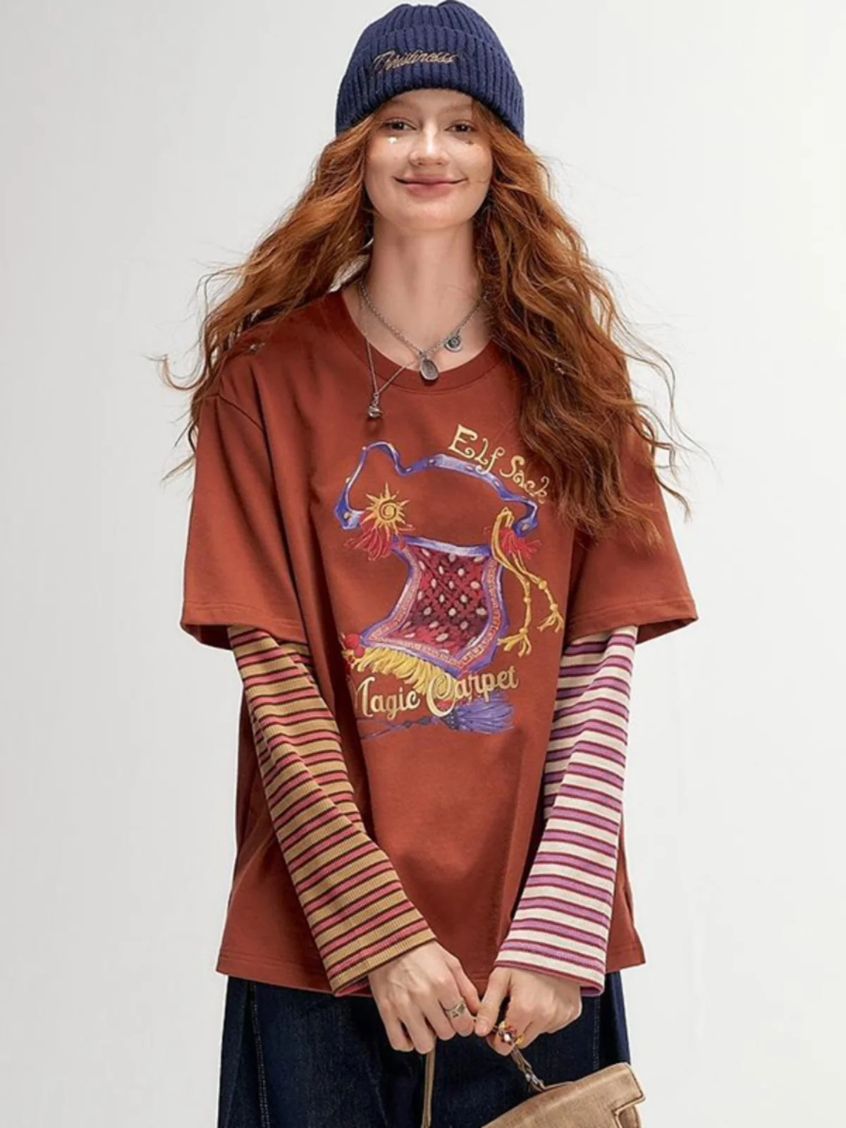 Женская многослойная футболка в полоску контрастного цвета стиле пэчворк осень