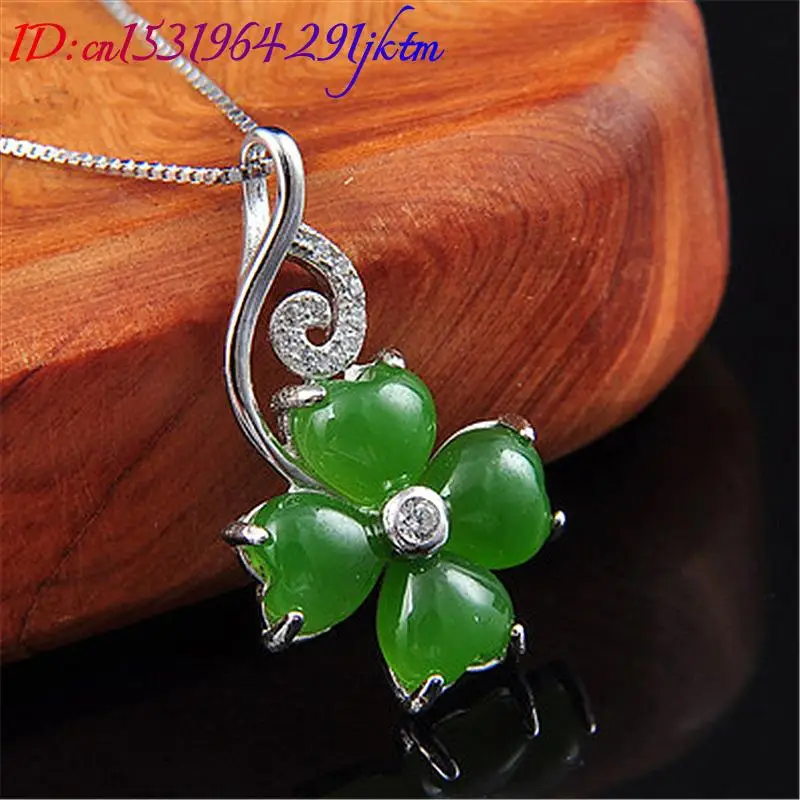 Зеленый натуральный нефритовый кулон в виде клевера ожерелье подарки для женщин