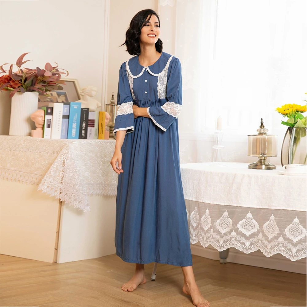 

French Elegant Black Red Blue Lace Maxi Dress For Women Sleepwear Lady Home Cloth Thin Summer Suit Female Nightgown Long Robe