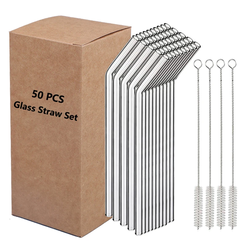 

50Pcs Glass Straw Set Reusable Drinking Straws 8 Inch 8mm Juice Tea Smoothie Straws Bent Straight Clear Glass Straws with Brush