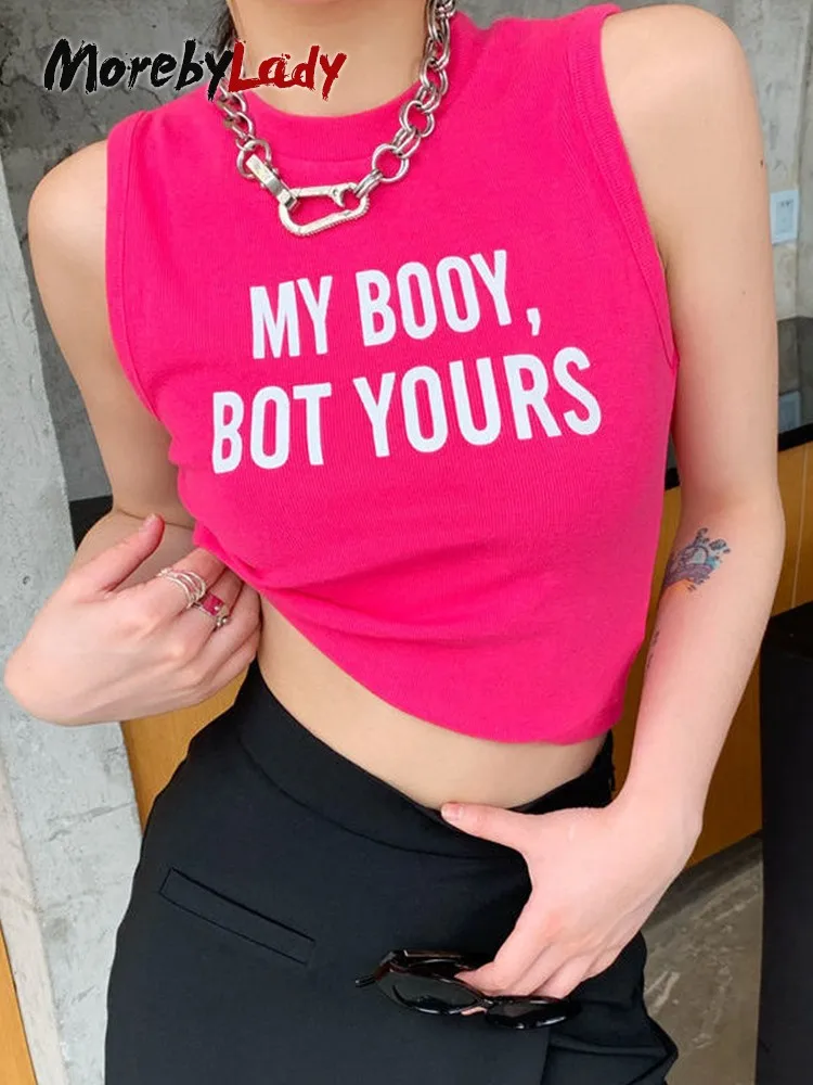 

Майка Morebyladdy Grunge Y2k, облегающий укороченный женский топ с принтом и надписью, летняя пикантная уличная одежда, без рукавов, с круглым вырезом,...