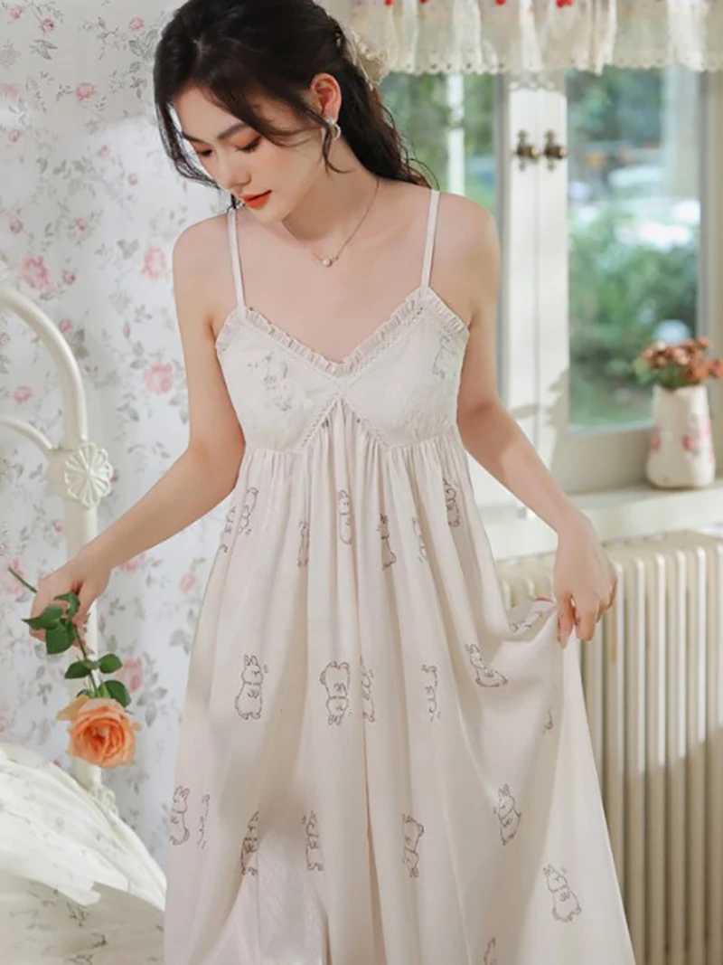 Women Spaghetti Strap Sleeveless Victorian Pajama Nightdress Summer Print Lolita Sweet Silk Nightgowns with Chest Pad Homewear