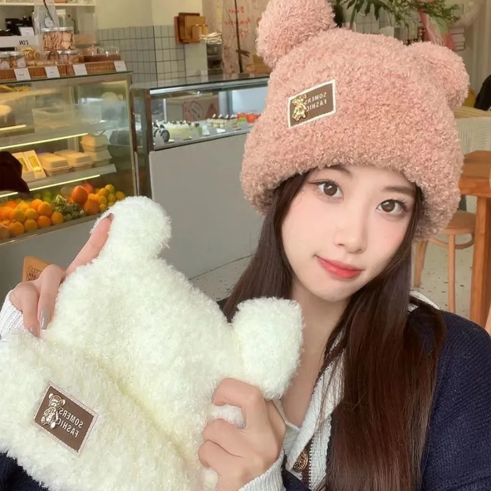 

Women Knitted Hat Winter Warm Bear Ear Plush Thickened Woolen Caps Korean Style Lovely Velvet Skullies Girls Cute Beanies