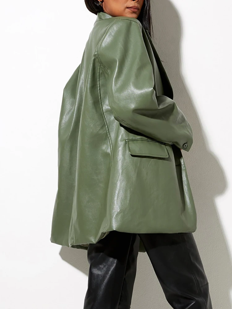 Women PU Faux Leather Blazers Single Breasted Vintage Long Sleeve Pockets Loose Jackets Ladies New Coats Female Suit Outerwears