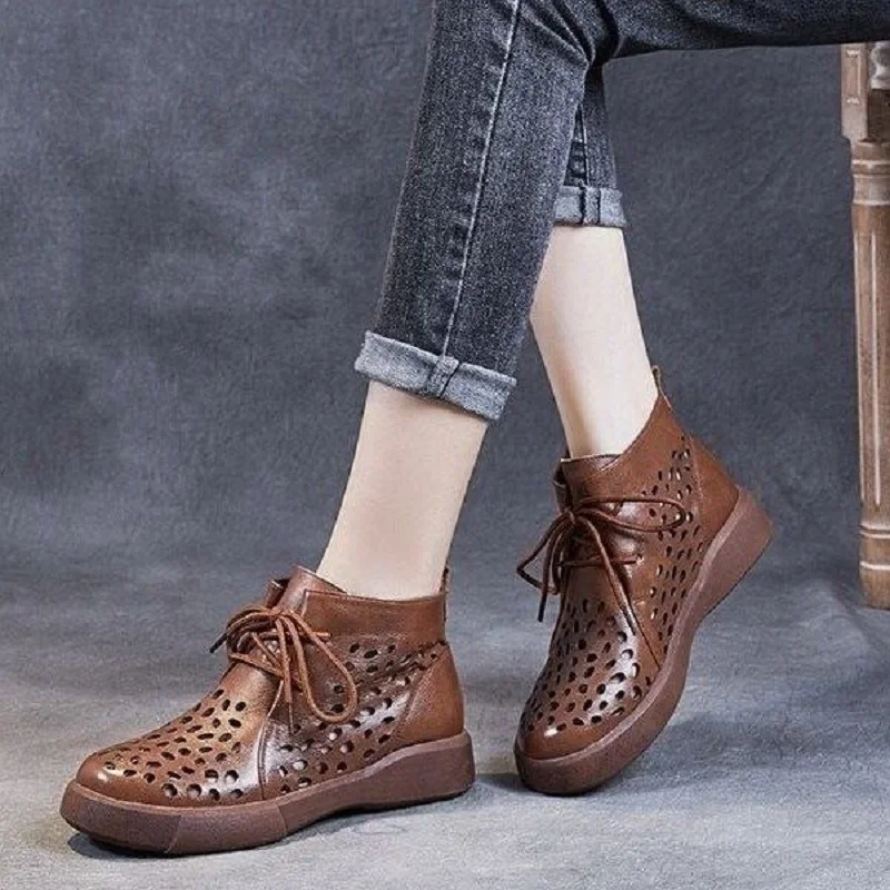 Trendy Woman's Retro Boots Casual Female Split Leather Hollow Out Shoes for 2023 women Summer Cutout Lace Up Ankle Booties