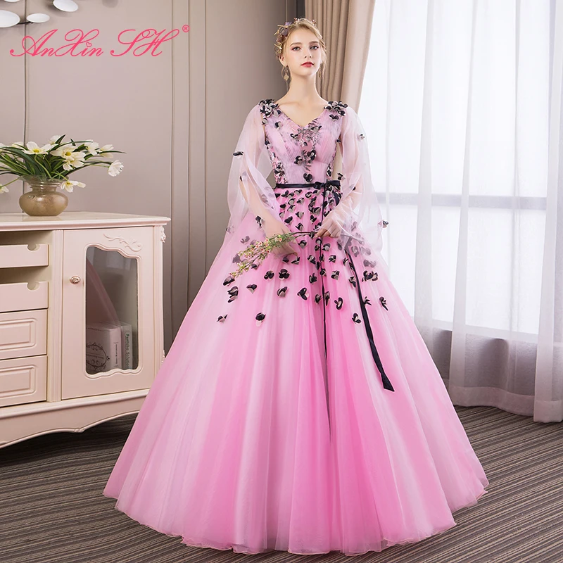 

AnXin SH vintage pink lace beading rose flower sleeveless v neck bow sleevelesss ball gown princess grey lace evening dress