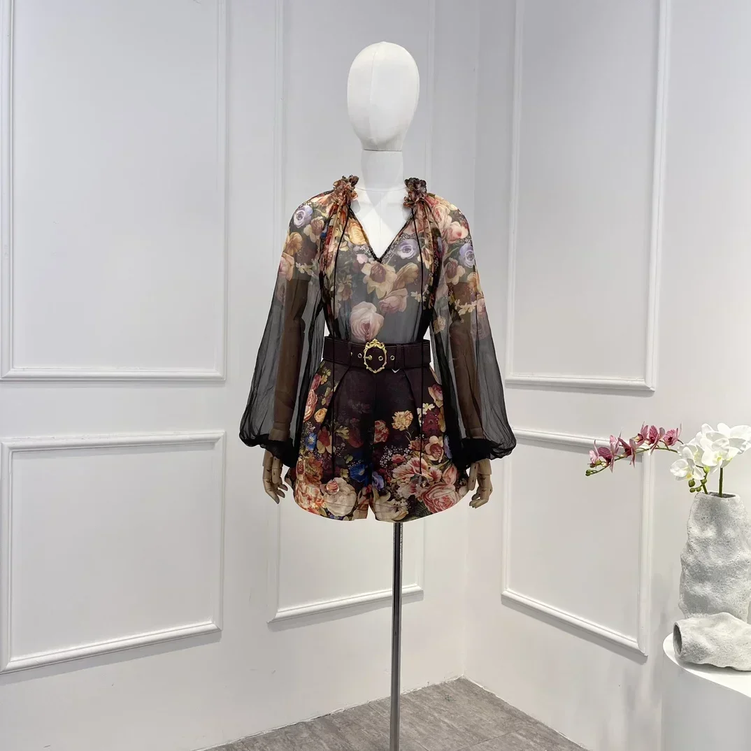 

2023 New Summer High Quality Linen Silk Vintage Floral Printing Long Lantern Sleeve Appliques Blouse and Belt Shorts Woman Set