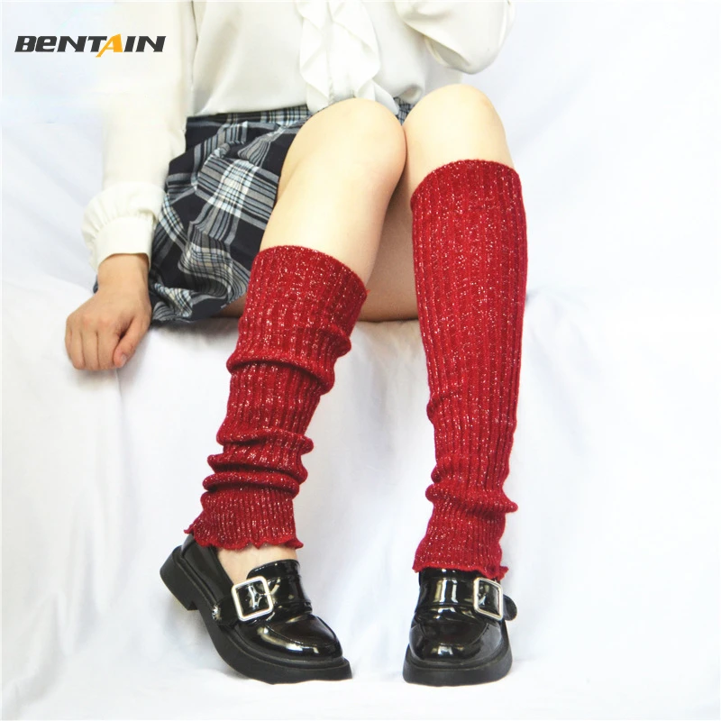 

Women's Leg Warmer Knitted Warm Lolita Long Socks Winter Keep Warm Foot Socks Adult Solid Silver Silk Ruffled Curling Stockings