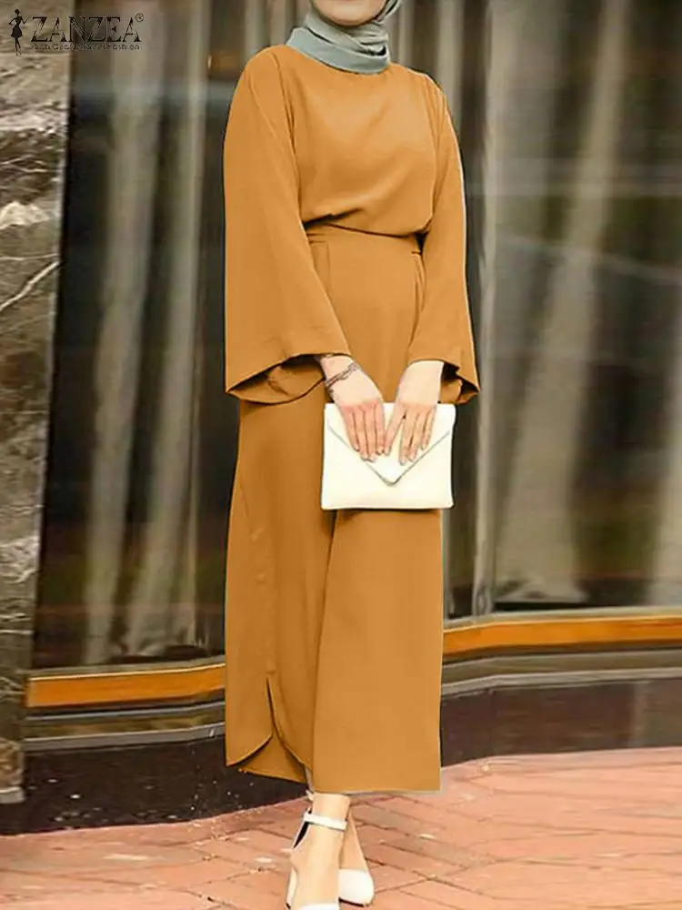 

Женская однотонная мусульманская блузка с длинным рукавом, широкие брюки, комплект из 2 предметов, ZANZEA, стильный элегантный повседневный св...