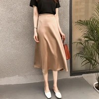 korean england style office lady simple solid satin elegant summer midi skirt women faldas mujer moda long skirts womens