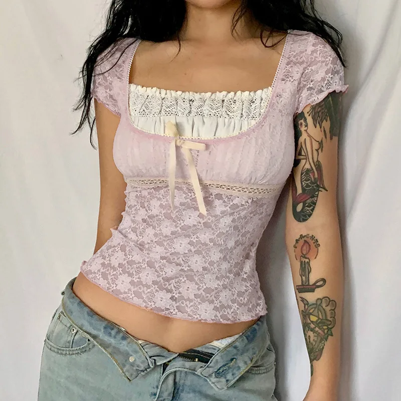 

Summer Fashion Crop Tops Female T Shirts Pink Short Sleeve O Neck Tshirt Women Tops Y2k Trim Cute Bow Lace Patched Korean Blouse