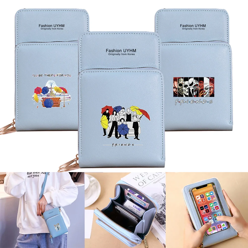 Купи Women Pu Leather Wallet Card pack Mobile Phone Bags Crossbody Shoulder Bag Friends Pattern Touch Screen Cell Phone Storage Purse за 467 рублей в магазине AliExpress