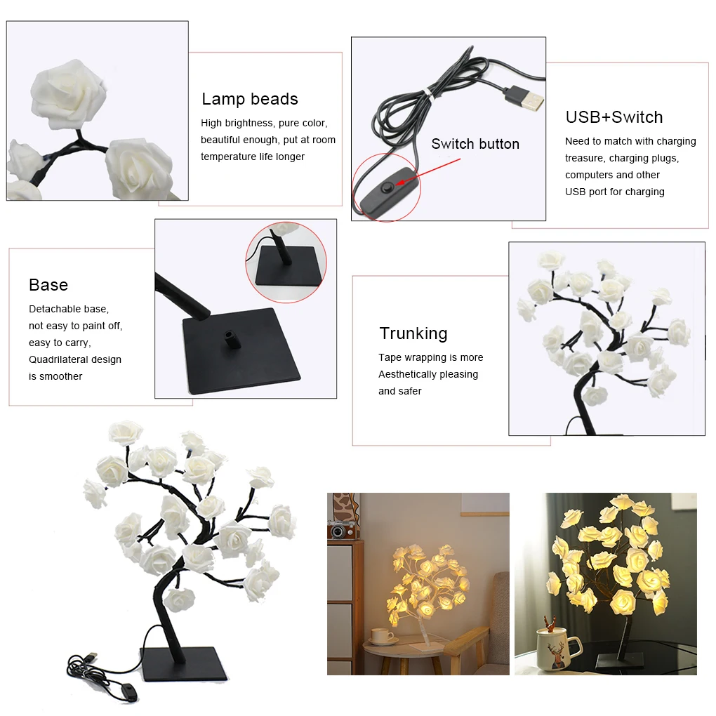 

Color Changing Rose Lamp Remote Control LED Bonsai Tree Lights Energy Saving Wide Application