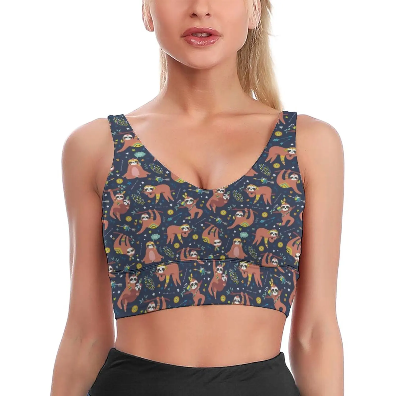 

Симпатичный спортивный бюстгальтер с принтом ленивых животных с U-образным вырезом Мягкий V-образный вырез для бега Укороченный бюстгальте...