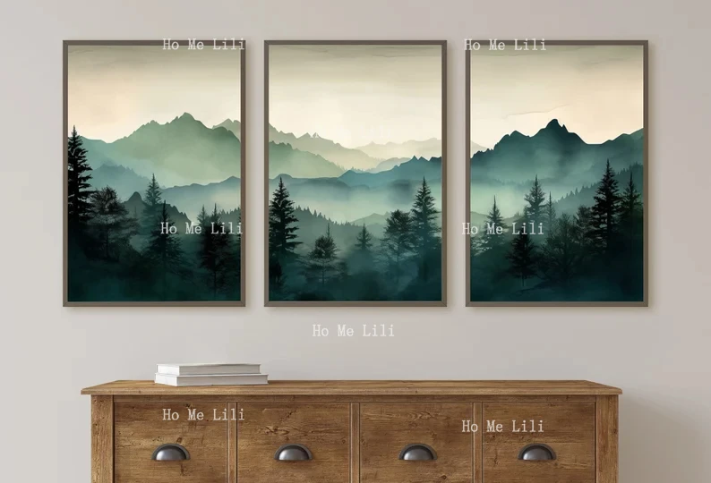 Шалфейная Зеленая Гора трехсекционное настенное искусство акварель горный