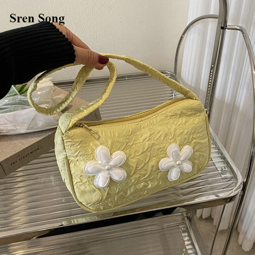 

Female Fresh Armpit Handbags 2022 New Flowers Shoulder Bags Popular Canvas Casual Bags Elegant Designer Brand Purse And Bags