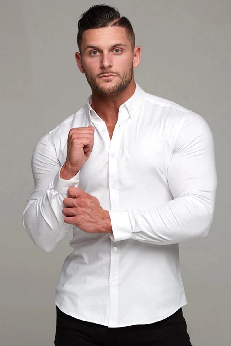 Mens Fitness Long Sleeve Shirts Muscle Men Running Sports Slim Fit Shirts High Stretch Business Casual Non-iron Shirts