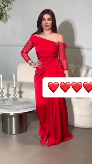 

Verngo Red Mermaid Satin Prom Dresses Shiny Crystal Beads Pleats Long Sleeves Arabic Women Evening Gowns Formal Celebrity Party