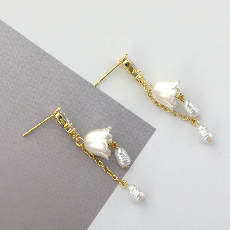 

New Korean Romantic Flower Earrings Women Fashion Long Tassel Asymmetrical Girls Sweet Jewelry Pearl Earring