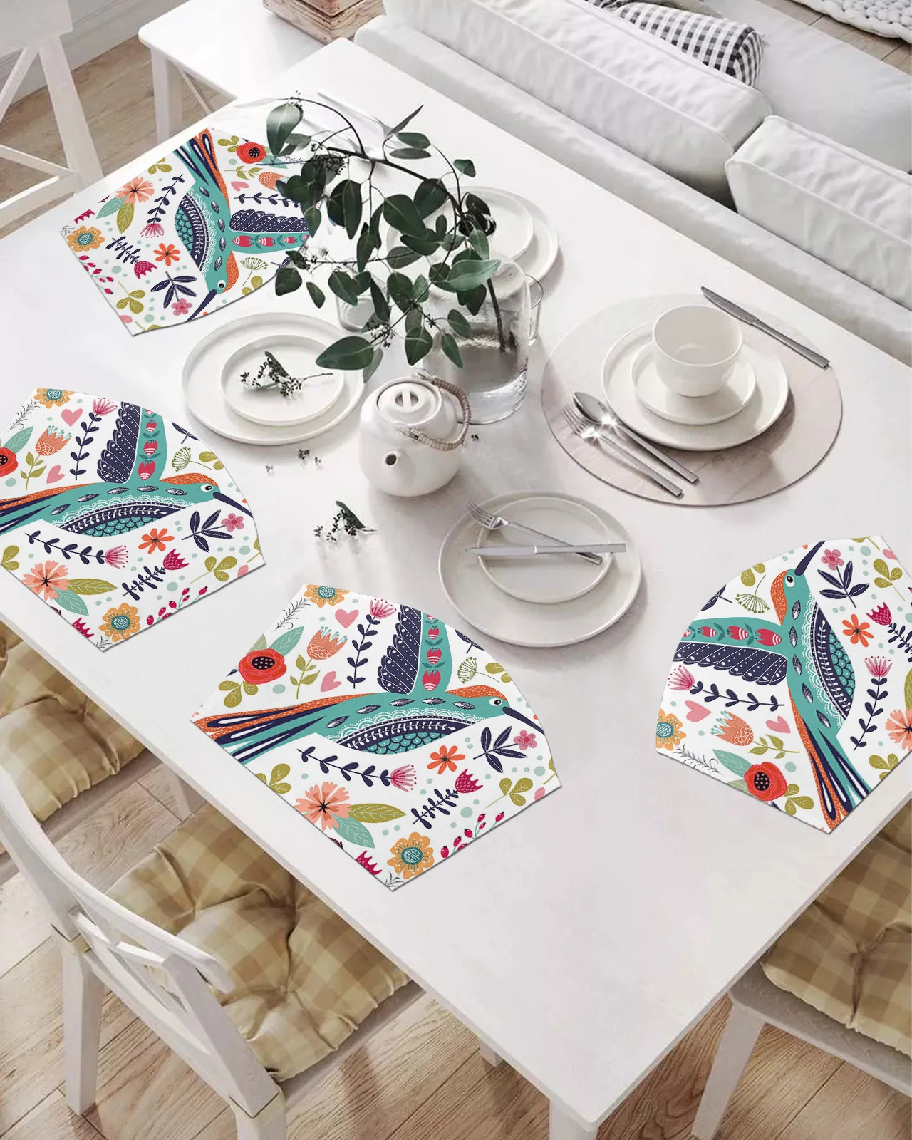 

2/4/6 шт. набор подставок в форме веера, коврики для стола с птицами, цветами, листьями, подставка под чашу, коврик, Рождественский домашний дек...