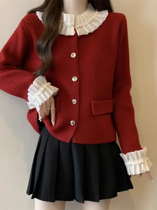 Женский вязаный кардиган с воротником из красного листа лотоса размера плюс 2024