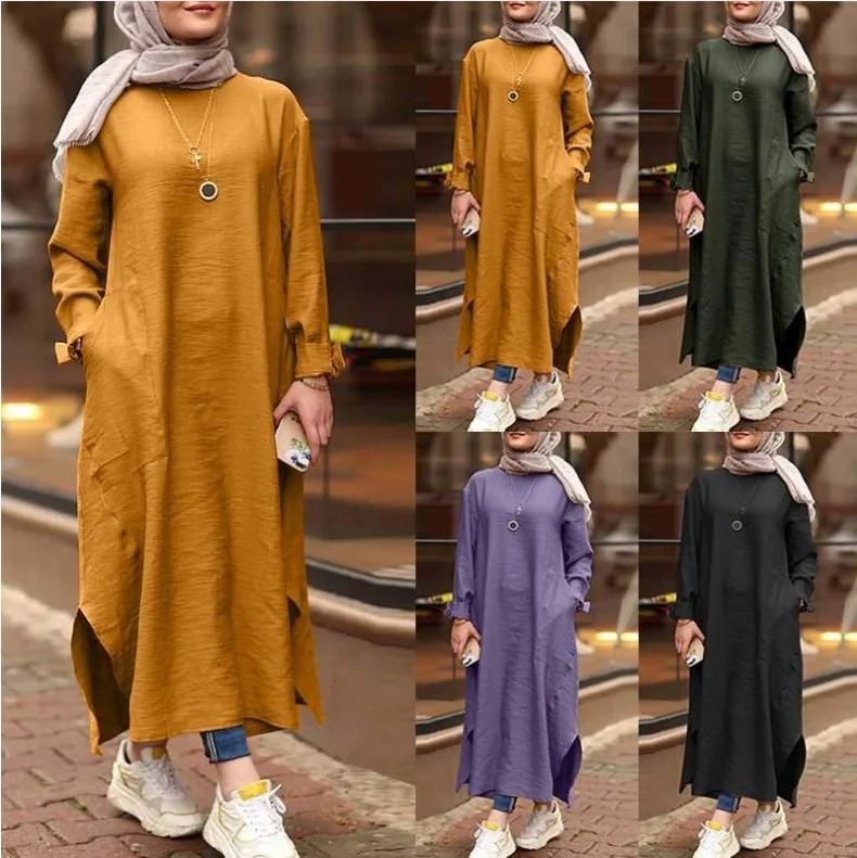 

5XL Solid Dress Women Abayat Loose Casual Long Sleeve Muslim Dresses Ramadan Kaftan Islamic Clothing Robe Femme Musulmane Abaya