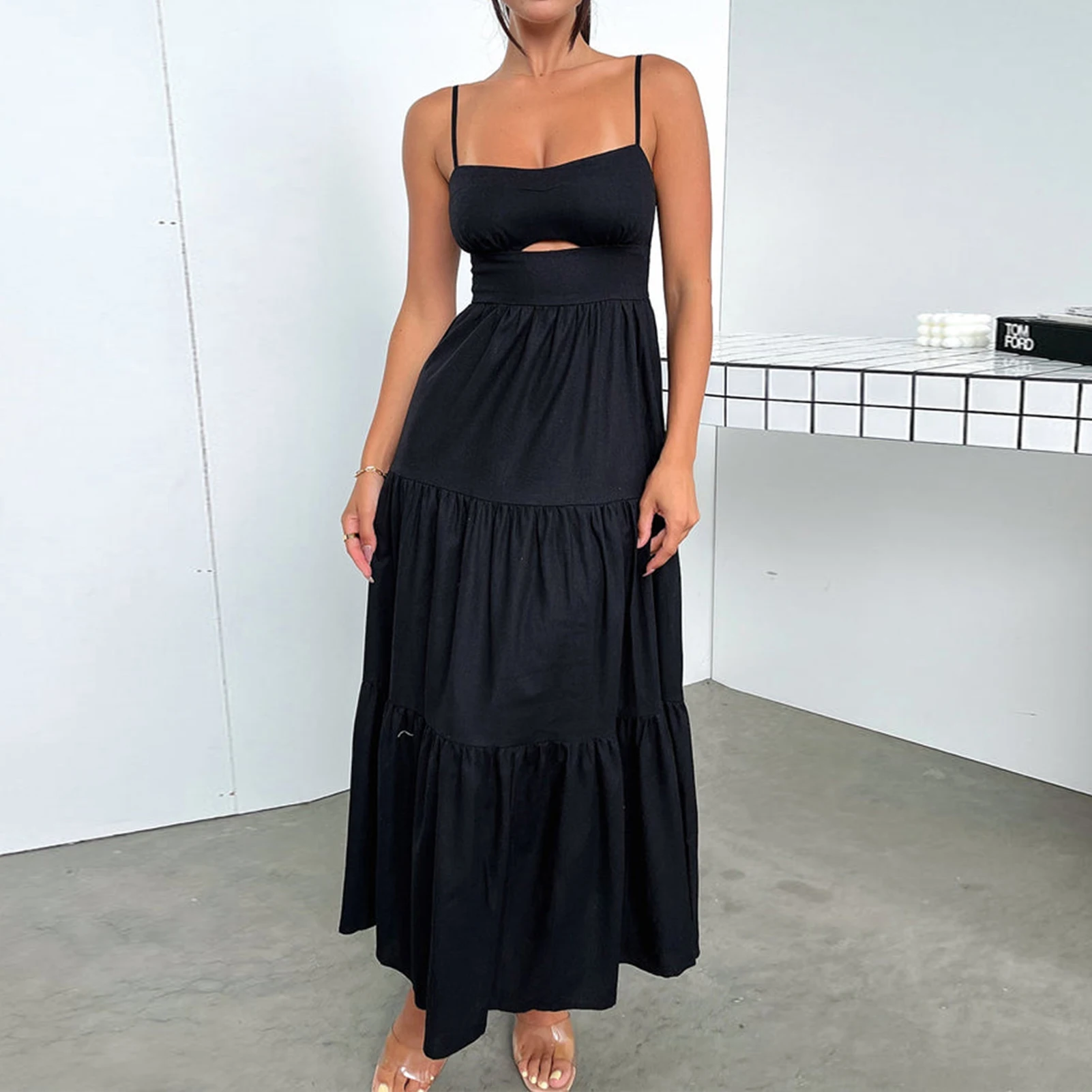 

Женское однотонное платье без рукавов с высокой талией, ажурное платье с оборками на подоле, ТРАПЕЦИЕВИДНОЕ женское повседневное длинное платье