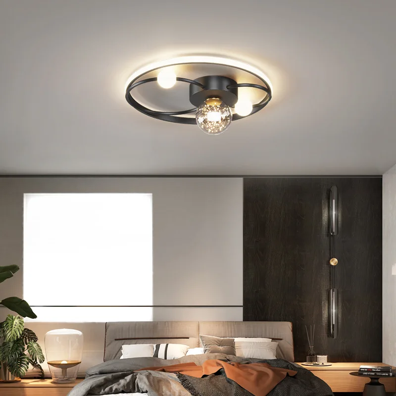 Modern Round Led Ceiling Lamp with Black Glass Ball Chandelier Dimmable for Bedroom Living Room Kitchen Indoor Decoration