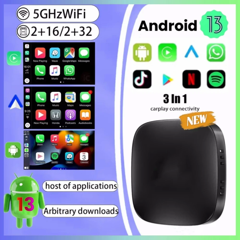 Android 13 CarPlay TV Box Беспроводной адаптер Auto Автомобильный мультимедийный Smart AI