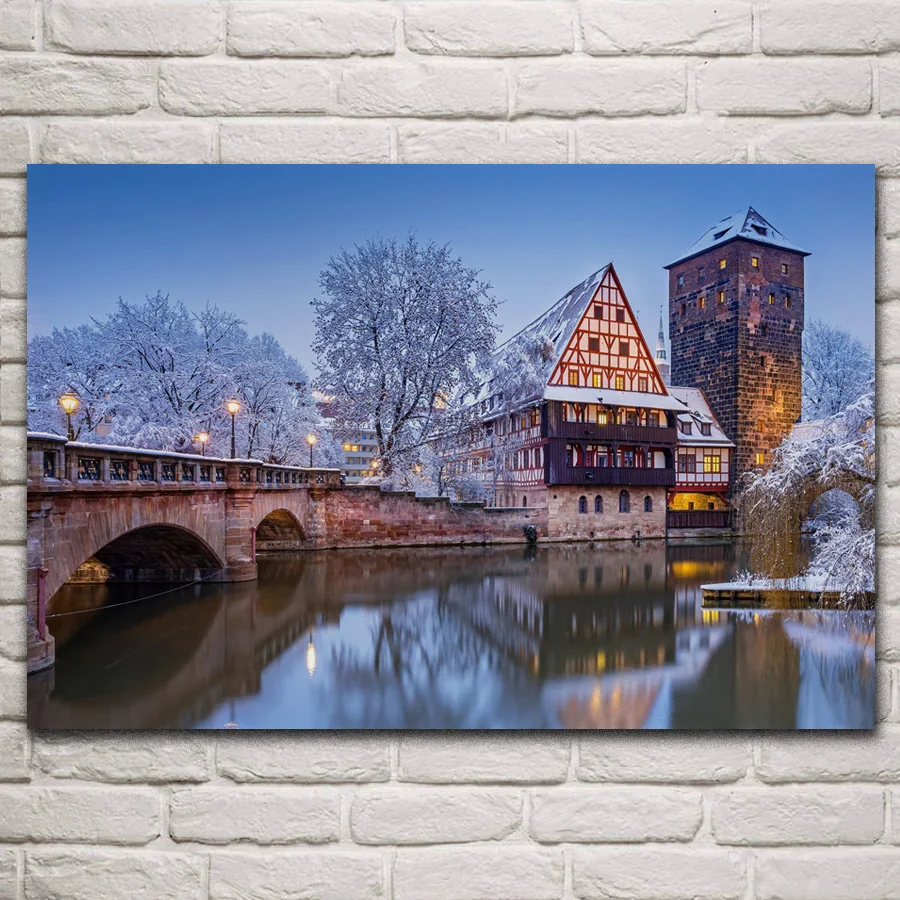 

Бавария пегнитц речная моста зимнее здание пейзаж гостиная украшение для дома художественные тканевые постеры на стену картина KR284