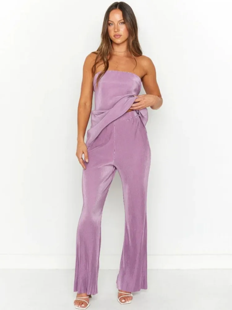 

Женский однотонный комплект из двух предметов, Осенний популярный новый модный топ без рукавов и без бретелек и брюки с высокой талией, повс...