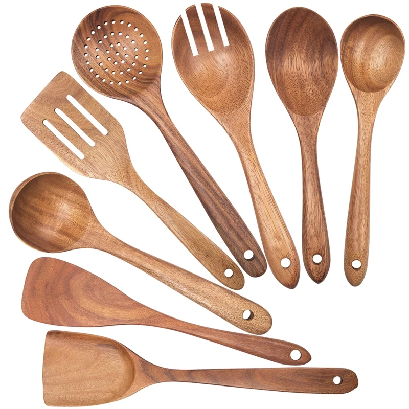 

Wooden Spoons For Cooking,Nonstick Kitchen Utensil Set,Wooden Spoons Cooking Utensil Set Non Scratch Natural Teak Wooden Utensil