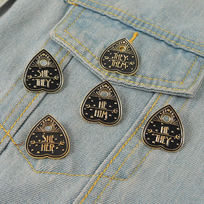 

Personalized Enamel Brooch Her They She Her He Him Them Heart Brooch Lapel Badge Punk Black Jewelry Gift for a Friends