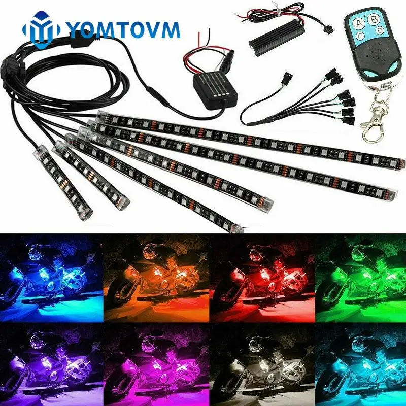 

Motorcycle Universal Wireless RGB LED Waterproof Under Glow Light Strip Neon Kit with Remote Control Atmosphere Lamp Accessories