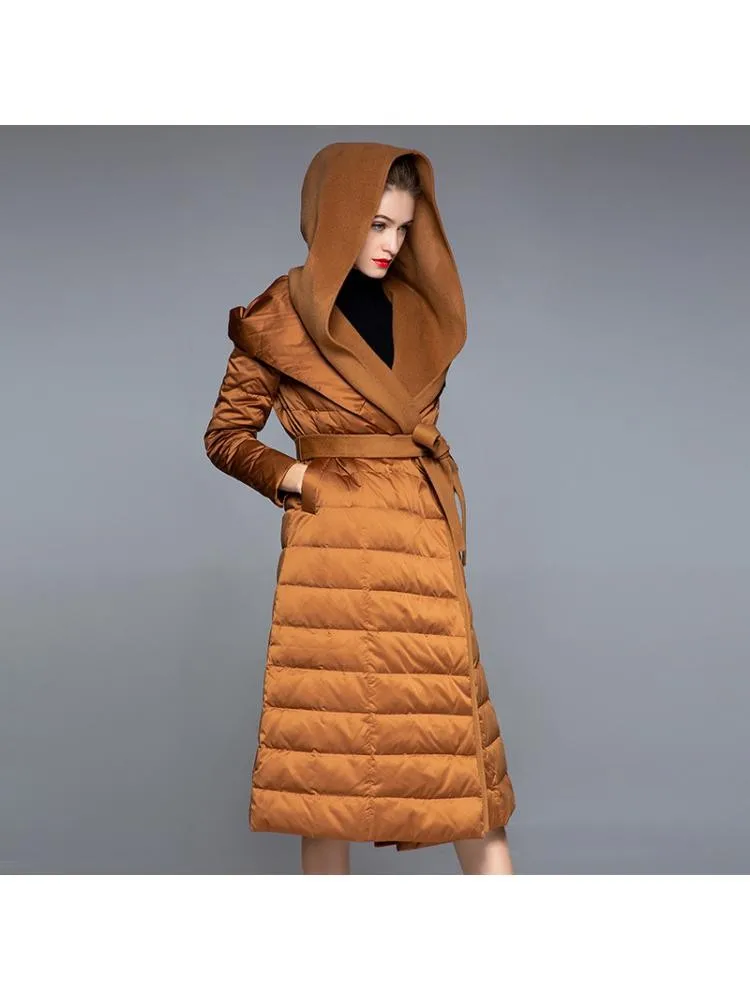 Thicked Long Cashmere Stitching Black Hooded 90 White Duck Down Coats Women 2022 Winter Loose Lace Up Warmer Jackets
