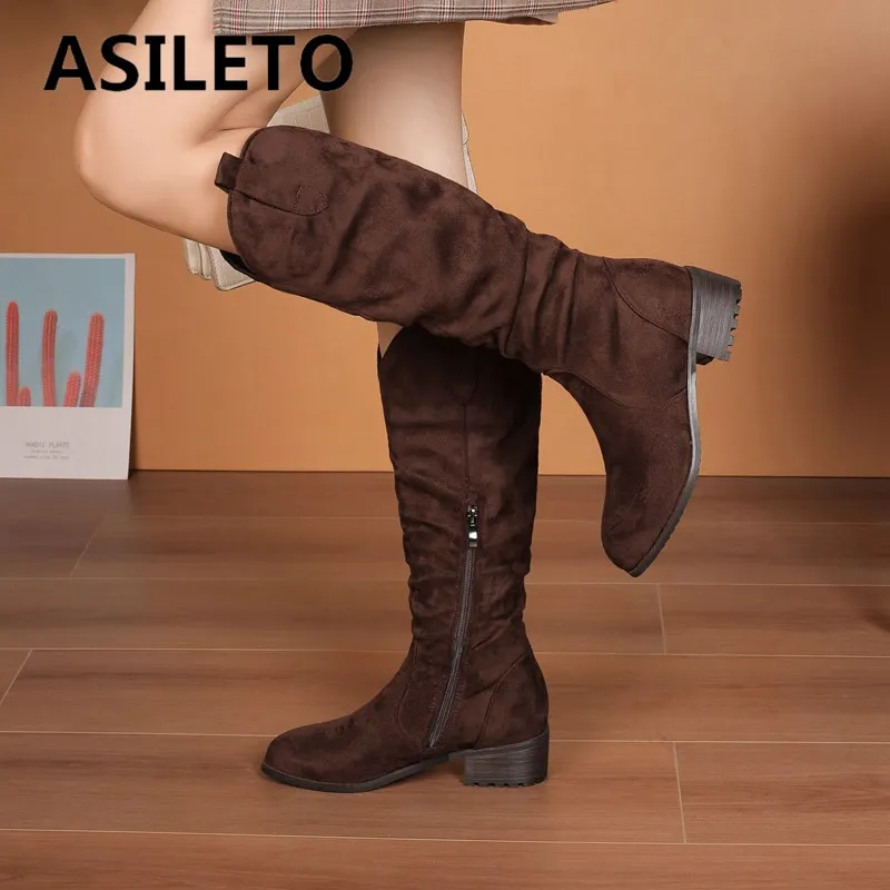 Сапоги женские в западном стиле с круглым носком на молнии