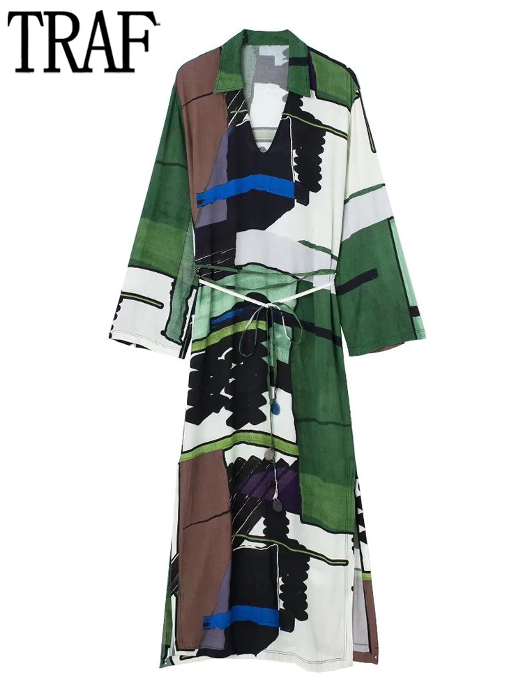 

TRAF Green Print Long Dress Woman Summer Casual Maxi Dresses for Women Long Sleeve Beach Female Dress Tied Blet Sundress Women
