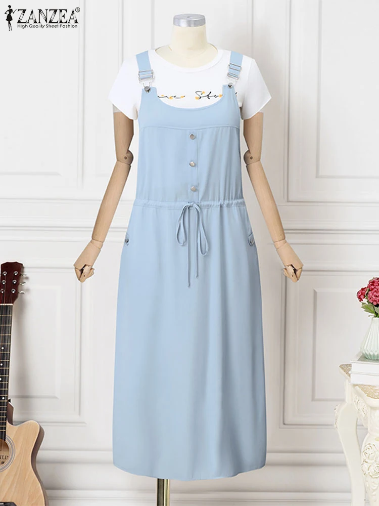 Модный женский Повседневный Сарафан ZANZEA на бретелях однотонный джинсовый синий