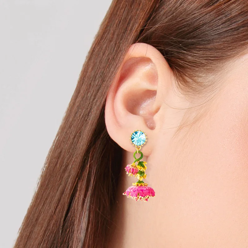 

Sea anemone silver needle earrings, hand-painted enamel colored pink flower earrings, without ear holes, female ear clips