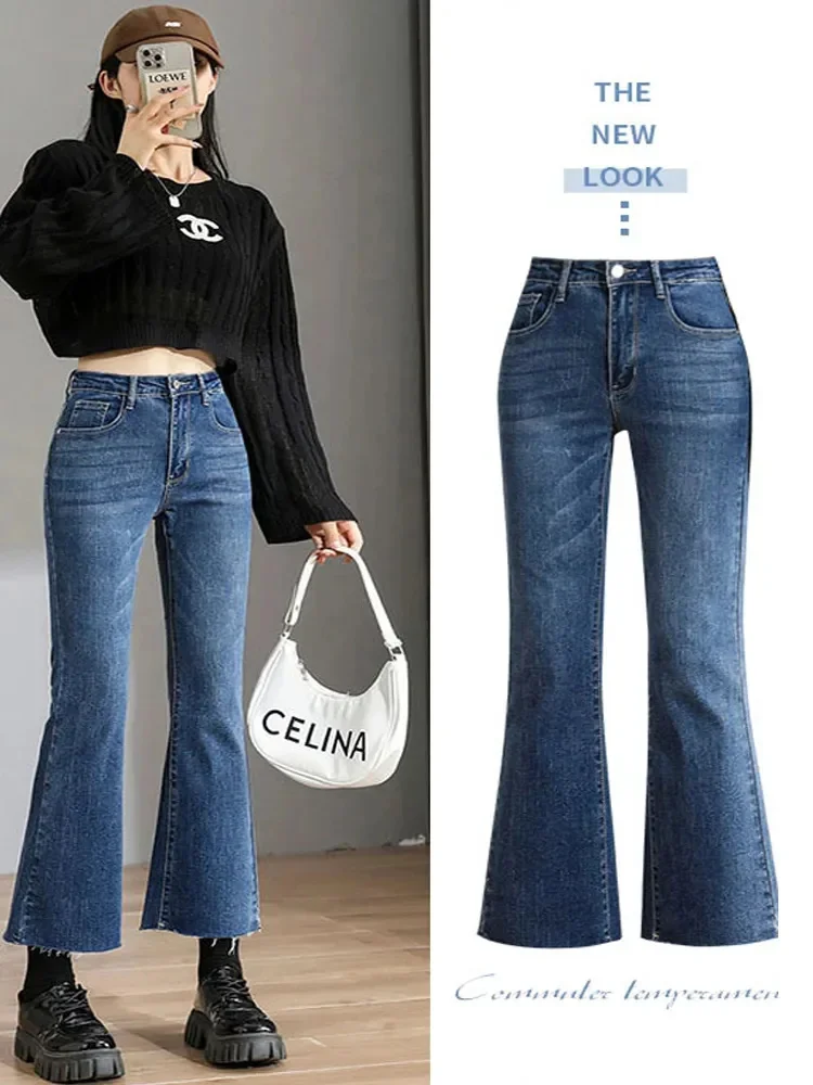 

Женские расклешенные джинсы до щиколотки y2k, уличная одежда, женская одежда темно-синего цвета стрейч, модные джинсовые брюки в стиле Харадзюку, 2023